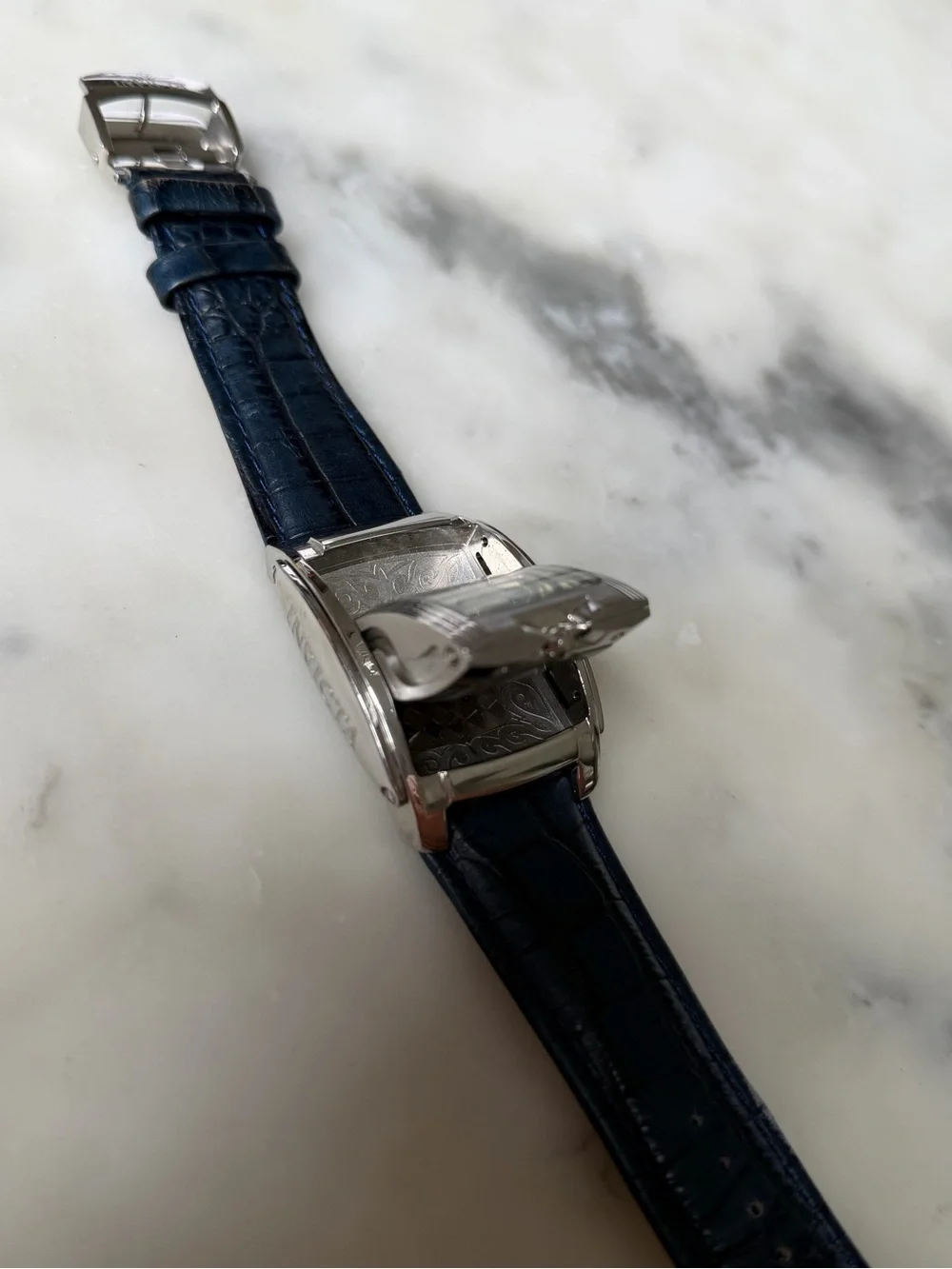 Invicta Men's Silver Case Flip Face Watch  with Dark Blue Leather Strap